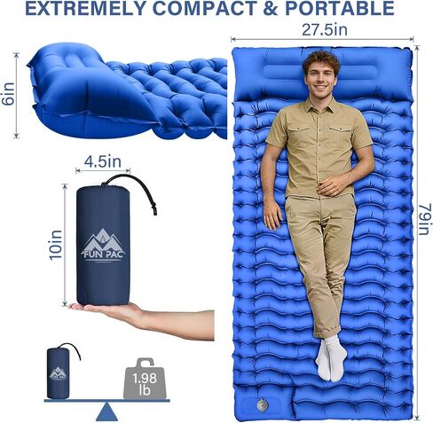 FUN PAC Camping Sleeping Pad with Pillow Built-in Foot Pump Inflatable Sleeping Mat Compact for Camping Backpacking Hiking Traveling - Blue in Saudi Arabia