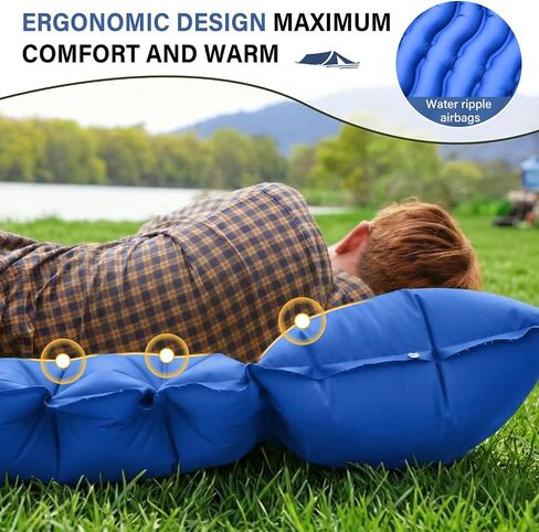 FUN PAC Camping Sleeping Pad with Pillow Built-in Foot Pump Inflatable Sleeping Mat Compact for Camping Backpacking Hiking Traveling - Blue in Saudi Arabia