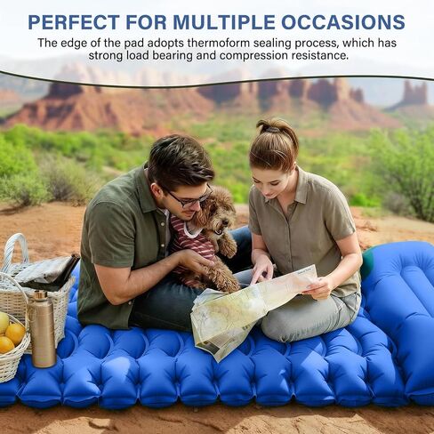 FUN PAC Camping Sleeping Pad with Pillow Built-in Foot Pump Inflatable Sleeping Mat Compact for Camping Backpacking Hiking Traveling - Blue in Saudi Arabia