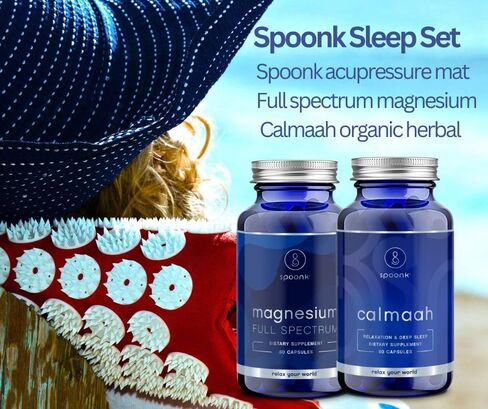 Spoonk Sleep Set Acupressure Travel Size mat in Organic Hemp Combined with a Full Spectrum Magnesium and Calmaah Organic Herbal Remedy for Calming and Relaxation in Saudi Arabia