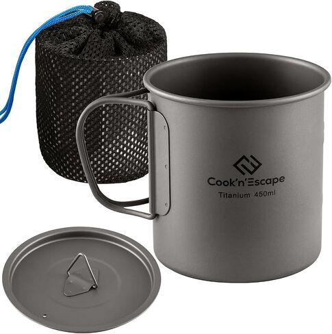 COOK'N'ESCAPE 375ml Titanium Cup Camping Mug with Foldable Handle,Grey | Food Grade Titanium Material Camping Mug,Lightweight Backpacking Coffee Mug for Outdoor Hiking Picnic,Open Fire Cooking in Saudi Arabia
