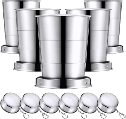 Tessco for you 6 Pieces Collapsible Shot Glasses Stainless Steel Collapsible Cup Reusable Portable Travel Folding Cup with Lid and Keychain for Camping Hiking Cycling(2.5 oz) in Kuwait