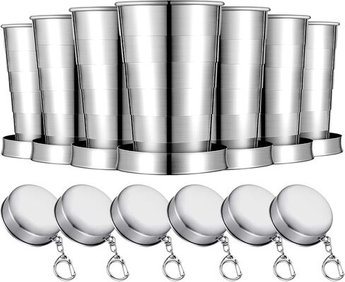 Tessco for you 6 Pieces Collapsible Shot Glasses Stainless Steel Collapsible Cup Reusable Portable Travel Folding Cup with Lid and Keychain for Camping Hiking Cycling(2.5 oz) in Kuwait