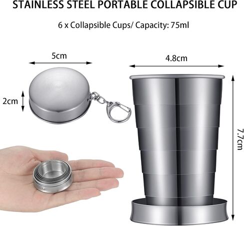 Tessco for you 6 Pieces Collapsible Shot Glasses Stainless Steel Collapsible Cup Reusable Portable Travel Folding Cup with Lid and Keychain for Camping Hiking Cycling(2.5 oz) in Kuwait