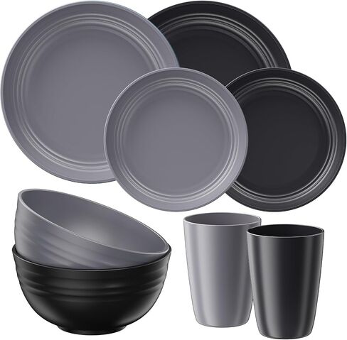Quatish 16 Pcs Plates and Bowls Sets, Plastic Dinnerware Sets for 4 ，Grey | Unbreakable,Reusable,Dish Set for Camping，Dishwasher Microwave Safe，Outdoor Kitchen and Apartment Dinning RV Essentials in Saudi Arabia