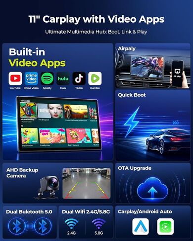 LAMTTO 11'' Carplay Screen for Car with YouTube/TikTok, Backup Camera | Extra Large HD Wireless Car Play and Android Auto, Built-in Entertainment Video APPs, Navigation, Voice Assistant, OTA Update in Saudi Arabia