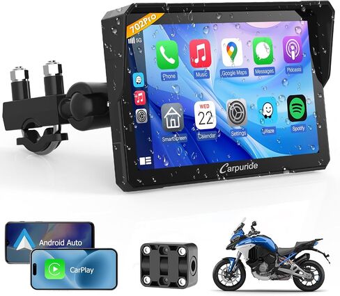 Carpuride W702PRO 7" for Motorcycle CarPlay & Android Auto Dual Bluetooth | Waterproof GPS Navigation Screen for Motorbike, Music Sharing, Intercom, EQ, Light Sensor, Compass, Barometer in Kuwait