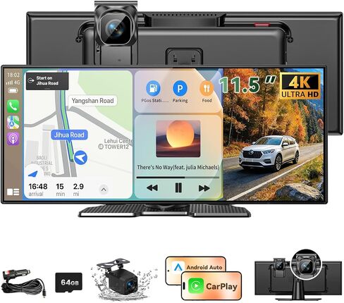 Largest 11.5 inch Wireless CarPlay Screen for Car, A-pple CarPlay & Android Auto HD Touchscreen with 4K Dash Cam/1080P Backup Camera/Navigation/Bluetooth/Voice Control/FM/Mirror Link,for All Vehicles in Saudi Arabia