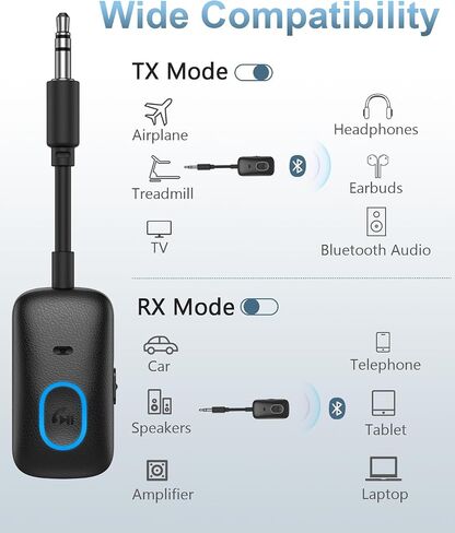 Bluetooth 5.4 Adapter for Car, Upgraded 2-in-1 Aux Transmitter & Receiver with Hands-Free Calls & 180° Swivel Bend, Wireless Audio Adapter for PC, TV, Speakers, Airplane Travel in Kuwait