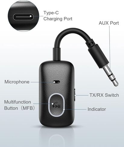 Bluetooth 5.4 Adapter for Car, Upgraded 2-in-1 Aux Transmitter & Receiver with Hands-Free Calls & 180° Swivel Bend, Wireless Audio Adapter for PC, TV, Speakers, Airplane Travel in Kuwait