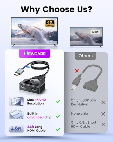 مقسم HDMI 4K من NEWCARE 1 في 2 مع كابل HDMI 2.0 مدمج بطول 2.6 قدم | يعمل مع جهازي تلفزيون بأحجام مختلفة في نفس الوقت، مرآة مصدر واحد إلى شاشتين، لا يوجد شاشة ممتدة، يدعم PS5، شاشة in Kuwait
