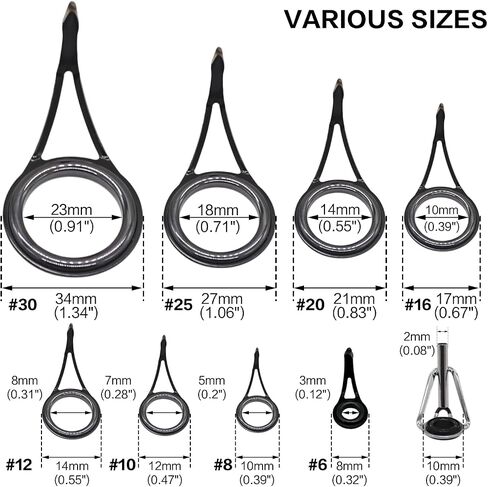 90 Pcs 9 Size Single Leg Fishing Rod Guide with Top Ring Stainless Steel Foot Ceramic Wire Eyelet Repair Kit for Lure, Sea and Rock Rod Modification in Saudi Arabia