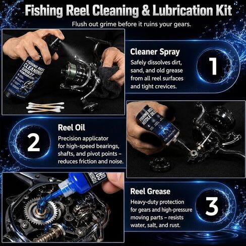 Fishing Reel Oil Kit – Cleans Rust, Prevents Corrosion & Smooths | 100ml Cleaner Sprayer, 30ml Oil, 10ml Grease, Cleans Salt & Sand, Prevents Rust, Lubricates Gears, Extends Reel Life in Kuwait