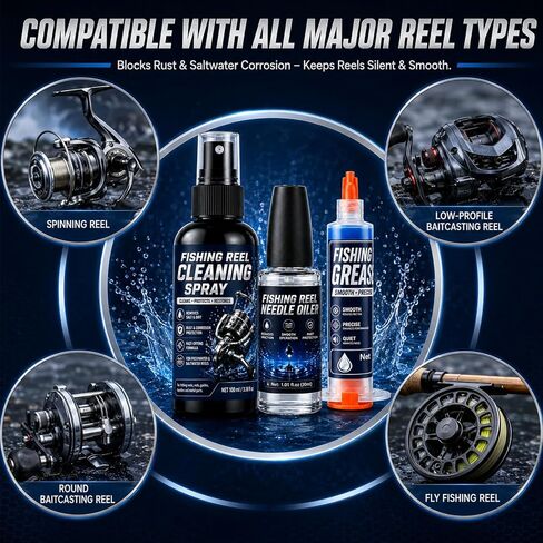 Fishing Reel Oil Kit – Cleans Rust, Prevents Corrosion & Smooths | 100ml Cleaner Sprayer, 30ml Oil, 10ml Grease, Cleans Salt & Sand, Prevents Rust, Lubricates Gears, Extends Reel Life in Kuwait