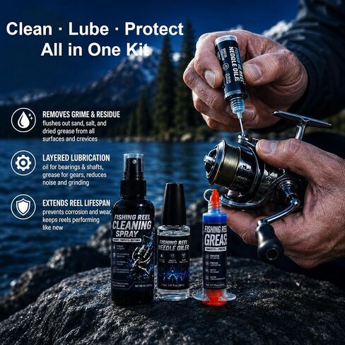 Fishing Reel Oil Kit – Cleans Rust, Prevents Corrosion & Smooths | 100ml Cleaner Sprayer, 30ml Oil, 10ml Grease, Cleans Salt & Sand, Prevents Rust, Lubricates Gears, Extends Reel Life in Kuwait