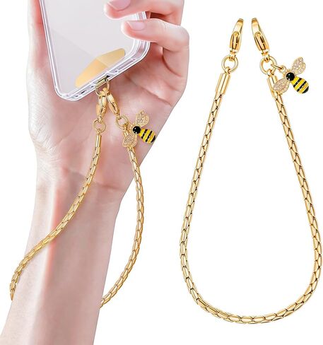 Phone Wrist Strap with Bee Charm, Metal Chain Phone Lanyard for Women, Gold | Detachable gold metal chain wristlet keeps your phone secure for hands-free shopping and travel with a stylish luxury design. in Kuwait