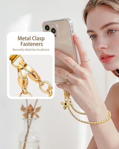 Phone Wrist Strap with Bee Charm, Metal Chain Phone Lanyard for Women, Gold | Detachable gold metal chain wristlet keeps your phone secure for hands-free shopping and travel with a stylish luxury design. in Kuwait