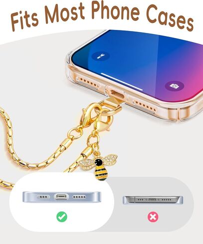 Phone Wrist Strap with Bee Charm, Metal Chain Phone Lanyard for Women, Gold | Detachable gold metal chain wristlet keeps your phone secure for hands-free shopping and travel with a stylish luxury design. in Kuwait