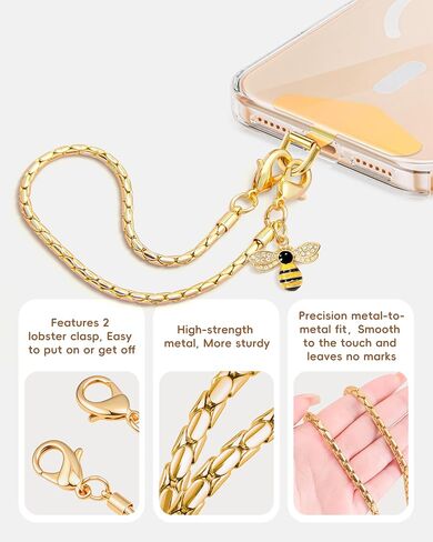 Phone Wrist Strap with Bee Charm, Metal Chain Phone Lanyard for Women, Gold | Detachable gold metal chain wristlet keeps your phone secure for hands-free shopping and travel with a stylish luxury design. in Kuwait