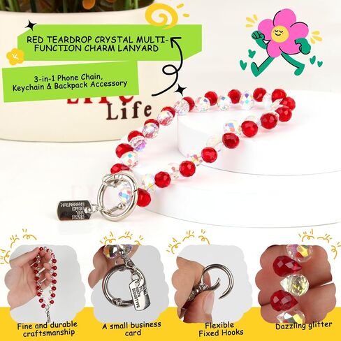 Beaded Lanyard Phone Charm for Keychain Bag & Key Accessory, Red 5.9in | Multi-use Design Phone Chain Durable Metal Ring Lightweight and Comfortable for Everyday Wear, Gifts for Women in Saudi Arabia