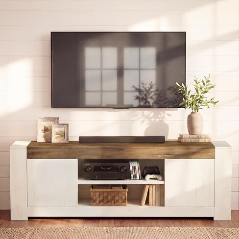 VASAGLE TV Stand, Farmhouse Entertainment Center with Storage Cabinets | Media Console Table for Living Room, Bedroom, for 80 Inch TV, Rustic White and Honey Brown ULTV624W201S in Saudi Arabia