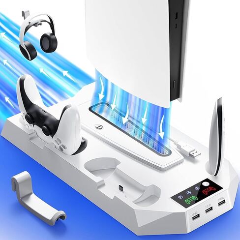 PS5/Slim/Pro Cooling Station for PS5 Disc & Digital Console, PS5 Stand Cooling Fan Charging Station with 3 Level Fan, LED Controller Charger, PS5/Slim/Pro Accessories with 3 USB Hubs & Headset Holder in Saudi Arabia