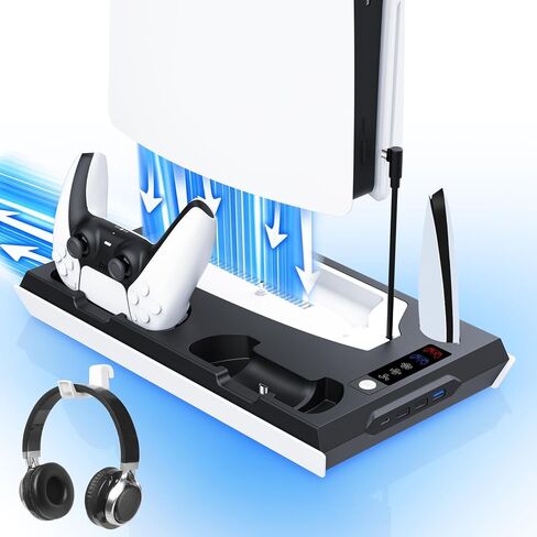 PS5 / PS5 Slim Cooling Station with Dual Controller Charging Station, PS 5 Cooling Stand for PlayStation 5 Console, Headset Holder/ PS 5 Cooling Fan/4 USB Hub All in One Accessories Organizer, Black in Saudi Arabia