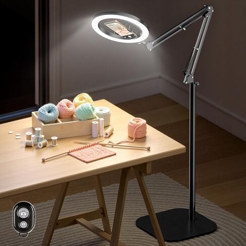 LUXSURE 10" Overhead Ring Light for Desk with Weighted Base, Freestanding Telescopic Phone Mount, Phone Stand with Light & Remote for Video Recording, Cooking, Crafts, Live Streaming in Saudi Arabia