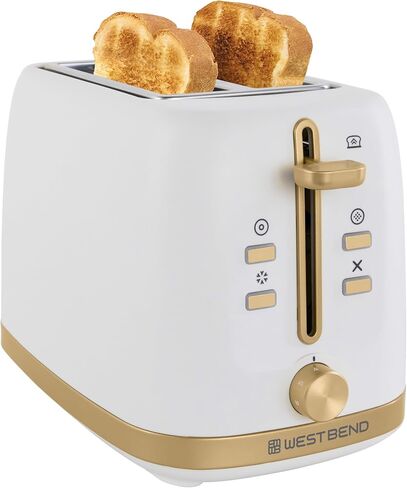 West Bend Timeless 2-Slice Toaster with 7 Browning Levels, Bagel/Waffle/Defrost Settings, High-Lift Lever, Anti-Jam, Easy-Clean Crumb Tray, 2-Slice, White/Gold in Kuwait