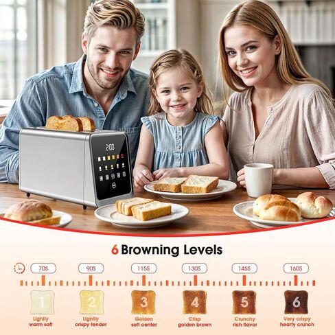 Foyoconven 2 Slice Toaster Smart Touchscreen Wide Slot with Bagel Mode | 900W Digital Timer, Single Slice Mode, Memory, 30 Presets (5 Breads × 6 Shades) Defrost & Reheat, Crumb Tray, Stainless Steel in Saudi Arabia