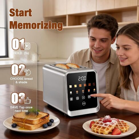Foyoconven 2 Slice Toaster Smart Touchscreen Wide Slot with Bagel Mode | 900W Digital Timer, Single Slice Mode, Memory, 30 Presets (5 Breads × 6 Shades) Defrost & Reheat, Crumb Tray, Stainless Steel in Saudi Arabia