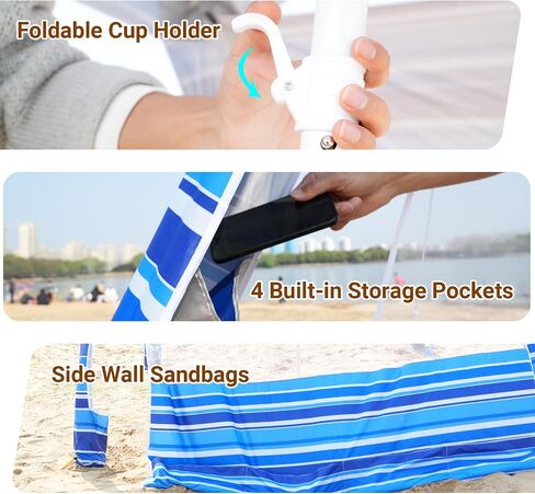 8'x8' Beach Cabana, UPF 50+ Large Beach Canopy with Side Wall, Easy Setup Pop Up Sun Shelter, Adjustable Height & Wind Resistant Beach Tent for 4-6 Person Family, Navy Blue in Saudi Arabia