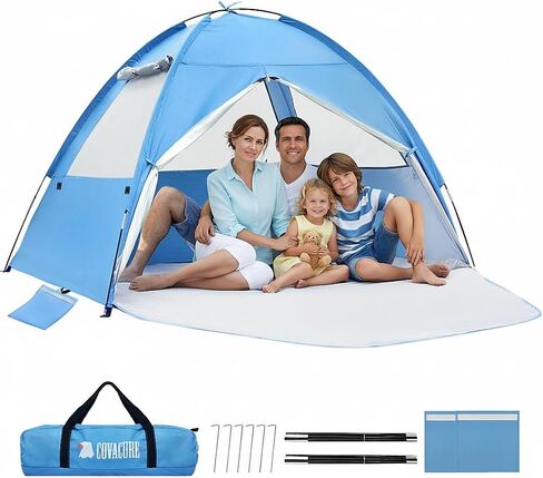 COVACURE Beach Tent Sun Shelter UPF 50+ UV Protection for 3-4 Person-Blue | 2026 Upgraded: Easy Setup, Windproof (with 6 Stakes & 2 Sandbags), Waterproof & Lightweight, 3 Mesh Windows for Ventilation in Saudi Arabia