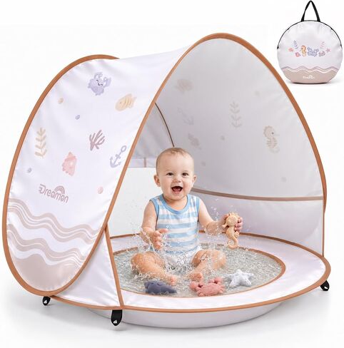 Dreamon Baby Beach Tent with Pool – Pop Up Shelter UV Protection for Infant | Large 47" x 28" x 34" Baby Tent with Beach Toys Set and Carry Bag, Baby Beach Essentials Portable and Foldable Kids Play Tent in Kuwait