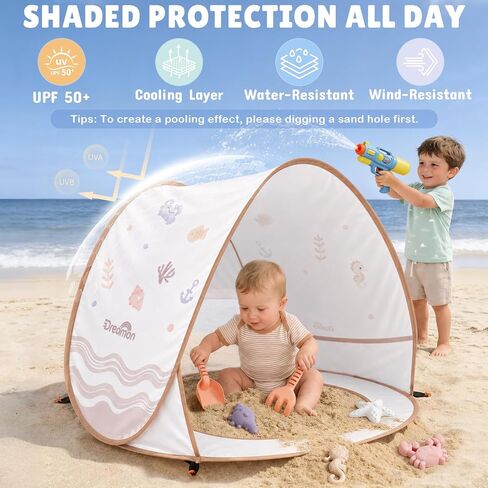 Dreamon Baby Beach Tent with Pool – Pop Up Shelter UV Protection for Infant | Large 47" x 28" x 34" Baby Tent with Beach Toys Set and Carry Bag, Baby Beach Essentials Portable and Foldable Kids Play Tent in Kuwait