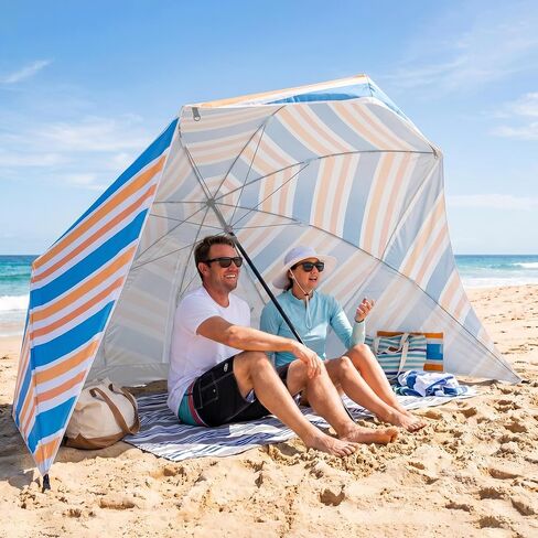 UPWELL Beach Tent Easy Set Up Canopy Sun Shelter Shade with UPF 50+UV Protection Portable Beach Umbrella Outdoor Sunwall with Sand Pockets for Fishing Backyard Camping (Blue Stripe) in Saudi Arabia
