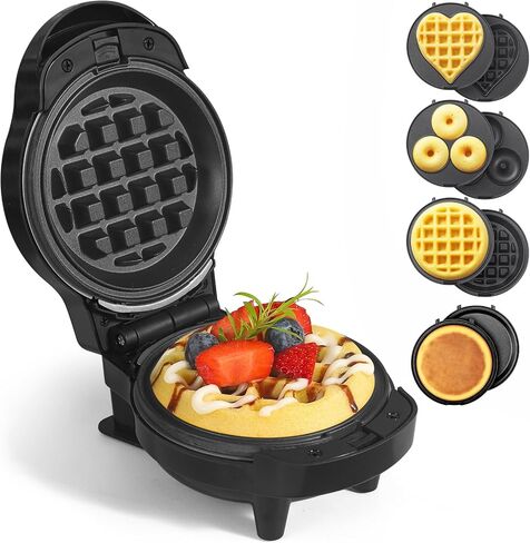 3 in 1 Waffles Maker with 6 Removable Plates- Waffle, Heart Waffle, Donut | Mini Waffles Maker, 4.5" Non Stick Waffle Iron for Families, Black in Saudi Arabia