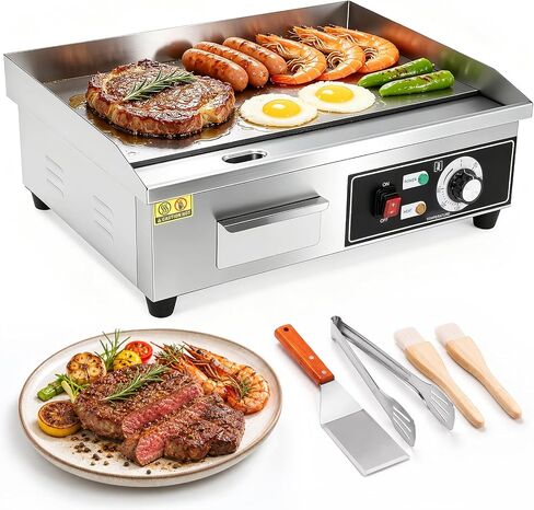 WICHEMI Electric Grill Commercial Griddle Flat Top Grill Teppanyaki Grill | 22" Stainless Steel Electric Griddle, 110V 3000W High Power, Large Cooking Surface, Non-Stick, Collect Grease For Cleanup in Saudi Arabia