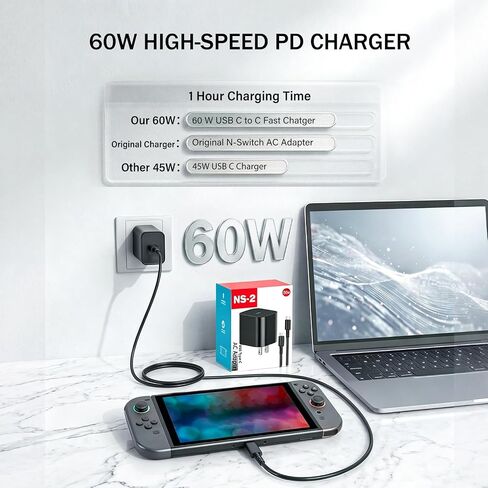 60W Charger for Nintendo Switch 2, PD 3.0 Fast Charging AC Adapter Replacement for Switch 2/Switch/OLED/Steam Deck, Supports 4K TV Dock Mode & Handheld Mode, 5ft Detachable Cable in Saudi Arabia