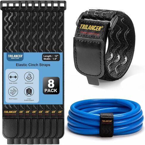 Trilancer Elastic Cinch Straps with Anti-Slip Strips, 12'' x 1.5'' (8 Pack) | Easy-Pull Tab Heavy Duty Multipurpose Hook and Loop Straps for Extension Cords, Cables, Ropes, Hoses, Bikes, Pant Garters in Saudi Arabia