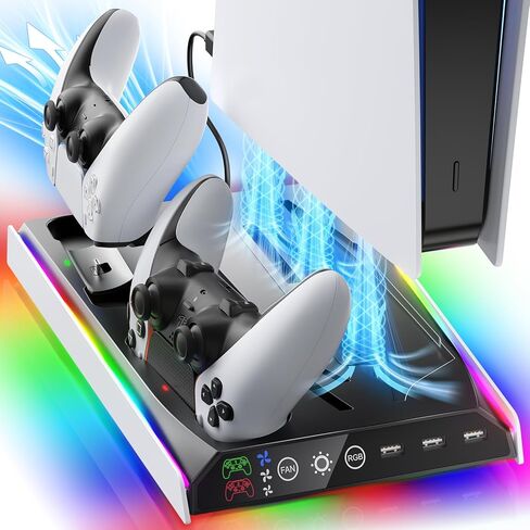 Fenolical PS5/PS5 Slim/Pro Stand with Adjustable Cooling Fan, PS5 Cooling Stand for PS5/PS5 Slim/Pro, PS5 Cooling Station with Dual Controller Chargers and RGB Light in Saudi Arabia
