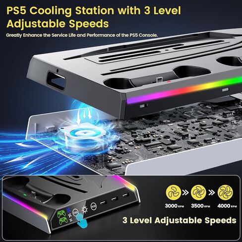Fenolical PS5/PS5 Slim/Pro Stand with Adjustable Cooling Fan, PS5 Cooling Stand for PS5/PS5 Slim/Pro, PS5 Cooling Station with Dual Controller Chargers and RGB Light in Saudi Arabia