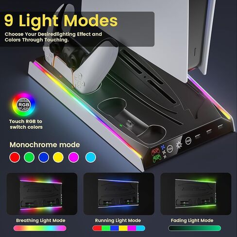 Fenolical PS5/PS5 Slim/Pro Stand with Adjustable Cooling Fan, PS5 Cooling Stand for PS5/PS5 Slim/Pro, PS5 Cooling Station with Dual Controller Chargers and RGB Light in Saudi Arabia