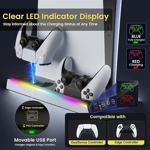 Fenolical PS5/PS5 Slim/Pro Stand with Adjustable Cooling Fan, PS5 Cooling Stand for PS5/PS5 Slim/Pro, PS5 Cooling Station with Dual Controller Chargers and RGB Light in Saudi Arabia