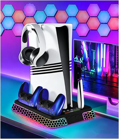 PS5 Stand with Hexagon RGB Aesthetics,PS5 Cooling Station for PlayStation 5 Slim Pro Disc Digital Console with Cooling Fan,Dual Controller Fast Charger USB Hub Headset Holder Game Storage (Black) in Saudi Arabia