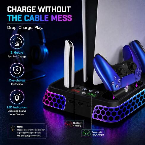 PS5 Stand with Hexagon RGB Aesthetics,PS5 Cooling Station for PlayStation 5 Slim Pro Disc Digital Console with Cooling Fan,Dual Controller Fast Charger USB Hub Headset Holder Game Storage (Black) in Saudi Arabia
