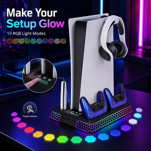 PS5 Stand with Hexagon RGB Aesthetics,PS5 Cooling Station for PlayStation 5 Slim Pro Disc Digital Console with Cooling Fan,Dual Controller Fast Charger USB Hub Headset Holder Game Storage (Black) in Saudi Arabia