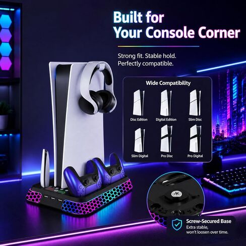 PS5 Stand with Hexagon RGB Aesthetics,PS5 Cooling Station for PlayStation 5 Slim Pro Disc Digital Console with Cooling Fan,Dual Controller Fast Charger USB Hub Headset Holder Game Storage (Black) in Saudi Arabia