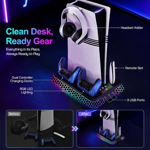 PS5 Stand with Hexagon RGB Aesthetics,PS5 Cooling Station for PlayStation 5 Slim Pro Disc Digital Console with Cooling Fan,Dual Controller Fast Charger USB Hub Headset Holder Game Storage (Black) in Saudi Arabia