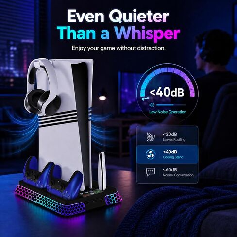 PS5 Stand with Hexagon RGB Aesthetics,PS5 Cooling Station for PlayStation 5 Slim Pro Disc Digital Console with Cooling Fan,Dual Controller Fast Charger USB Hub Headset Holder Game Storage (Black) in Saudi Arabia
